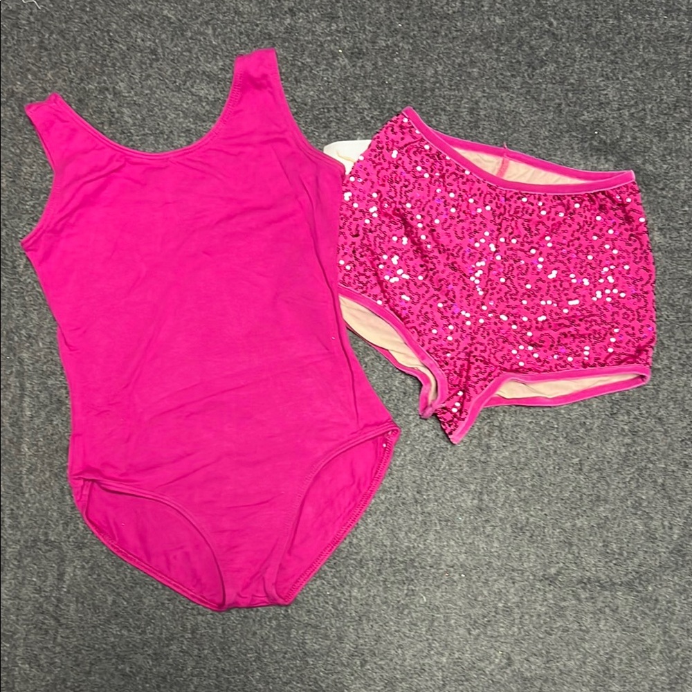 Magenta Hot Pink Leotard & Sequin Shorts L (12-14) New